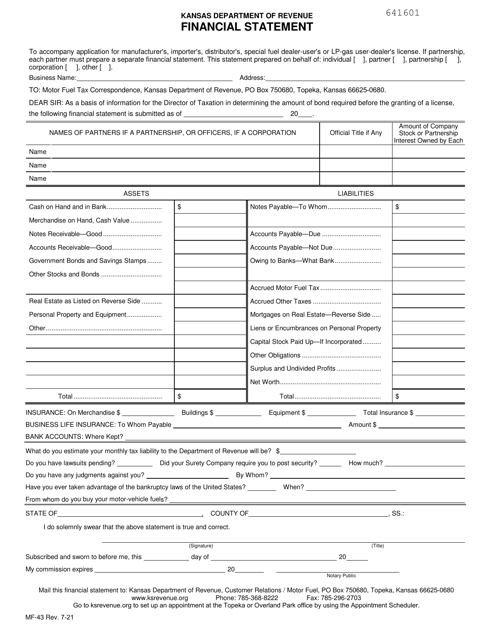 Form MF-43 Financial Statement - Kansas