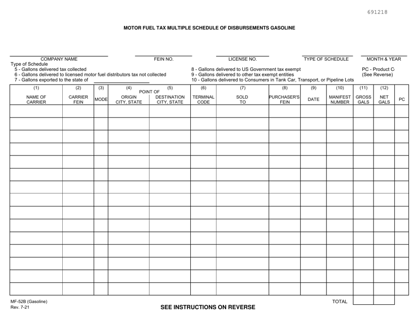 Form MF-52B (GASOLINE) Motor Fuel Tax Multiple Schedule of Disbursements Gasoline - Kansas