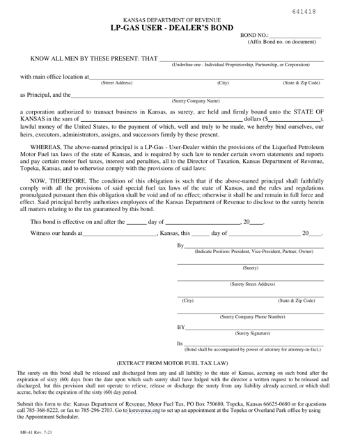 Form MF-41 Lp-Gas User - Dealer's Bond - Kansas