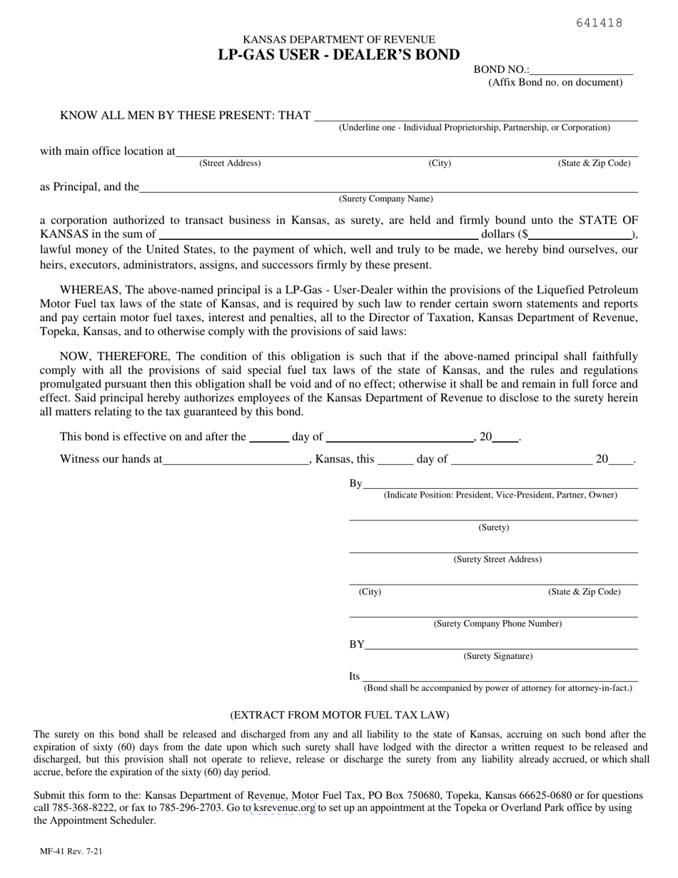 Form MF-41 Lp-Gas User - Dealers Bond - Kansas, Page 1