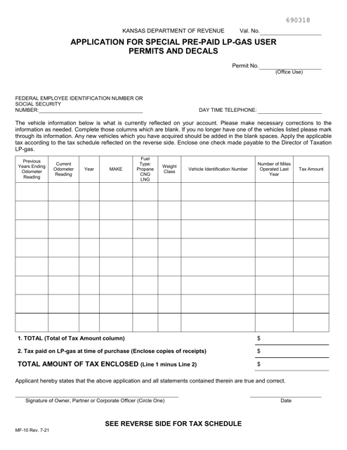 Form MF-10 Application for Special Pre-paid Lp-Gas User Permits and Decals - Kansas