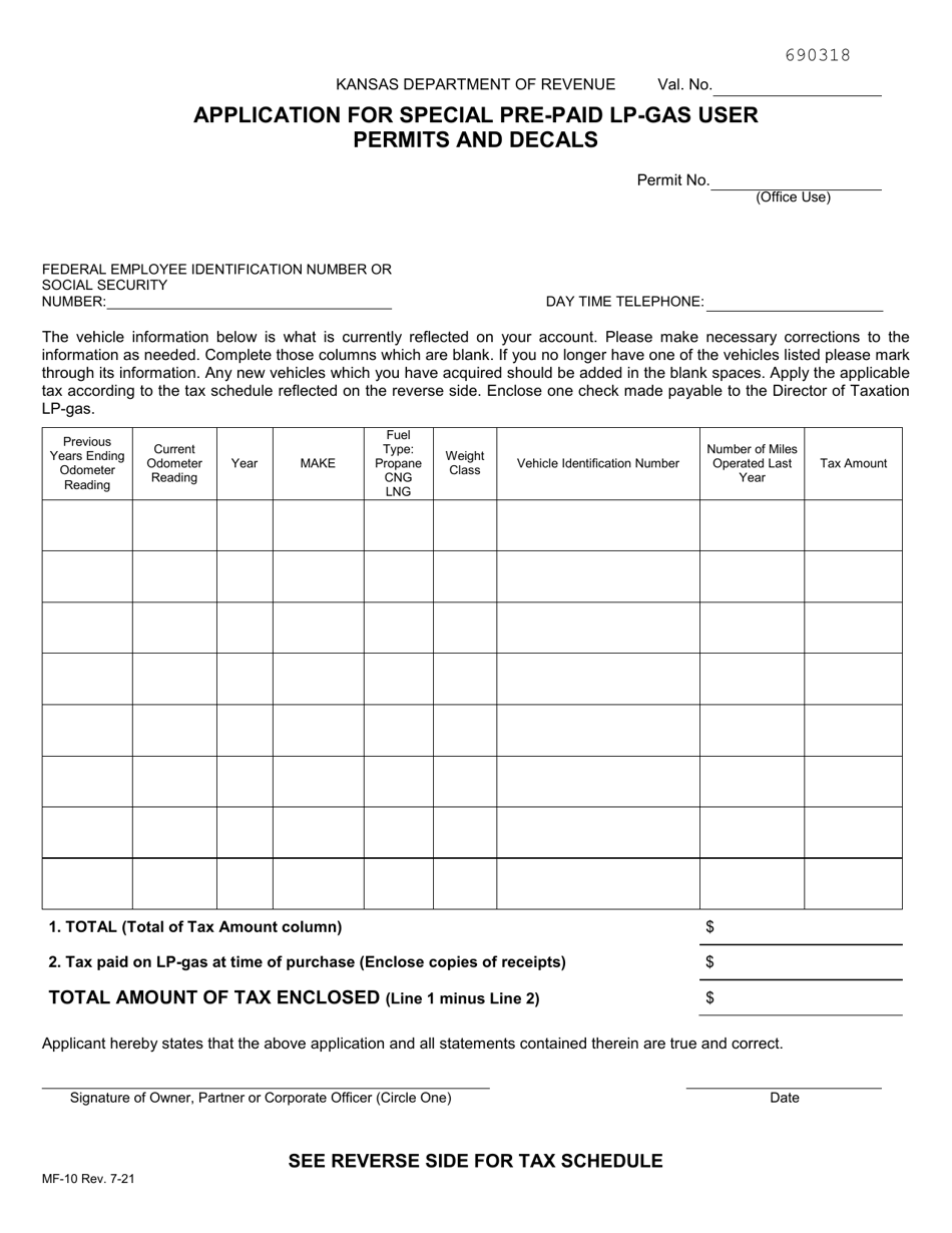 Form MF-10 Application for Special Pre-paid Lp-Gas User Permits and Decals - Kansas, Page 1