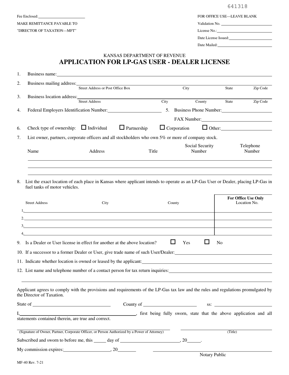 Form MF-40 Application for Lp-Gas User - Dealer License - Kansas, Page 1