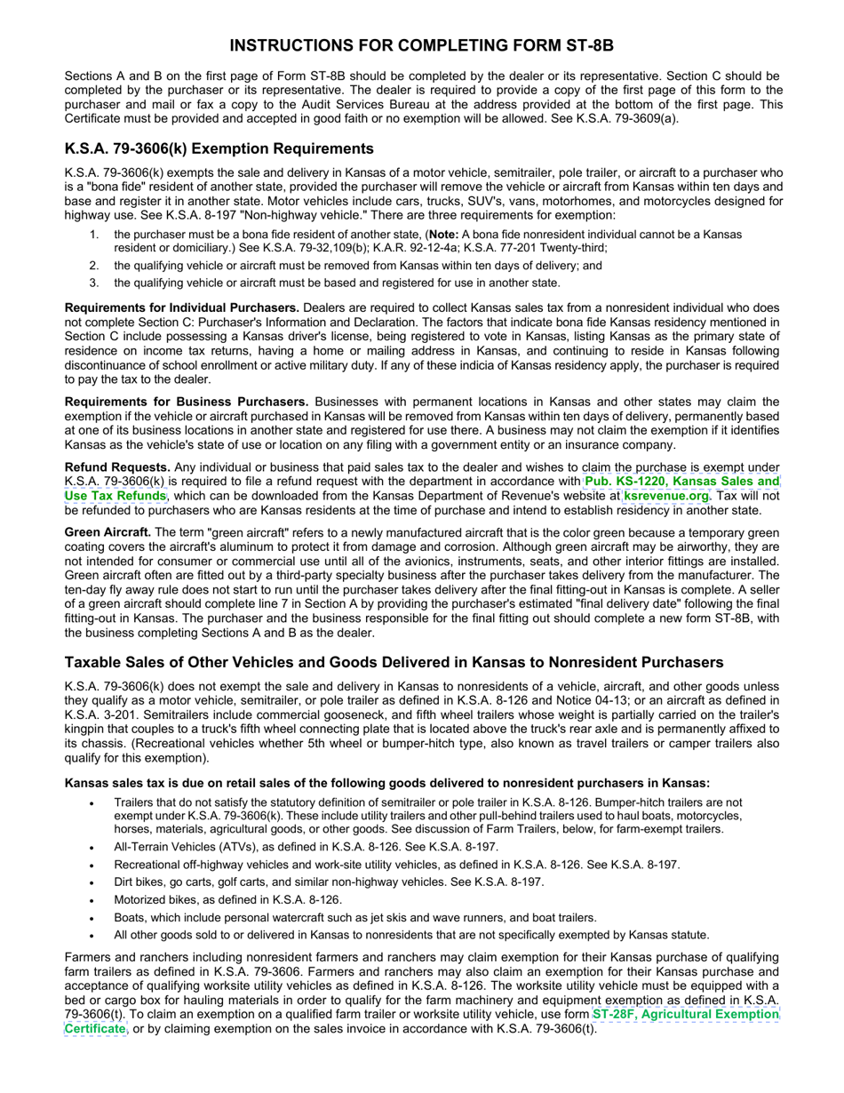 Form ST-8B Dealer / Purchaser Declaration of Exemption for Certain Vehicles and Aircraft Sold to Nonresidents for Removal From Kansas - Kansas, Page 2