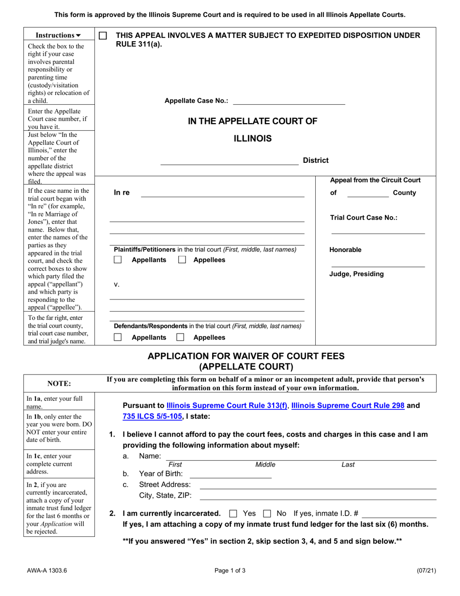 Form AWA-A1303.6 Application for Waiver of Court Fees - Illinois, Page 1