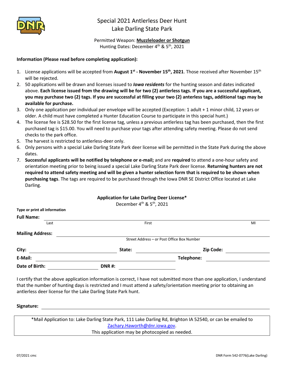 DNR Form 542-0776 Application for Lake Darling Deer License - Iowa, Page 1