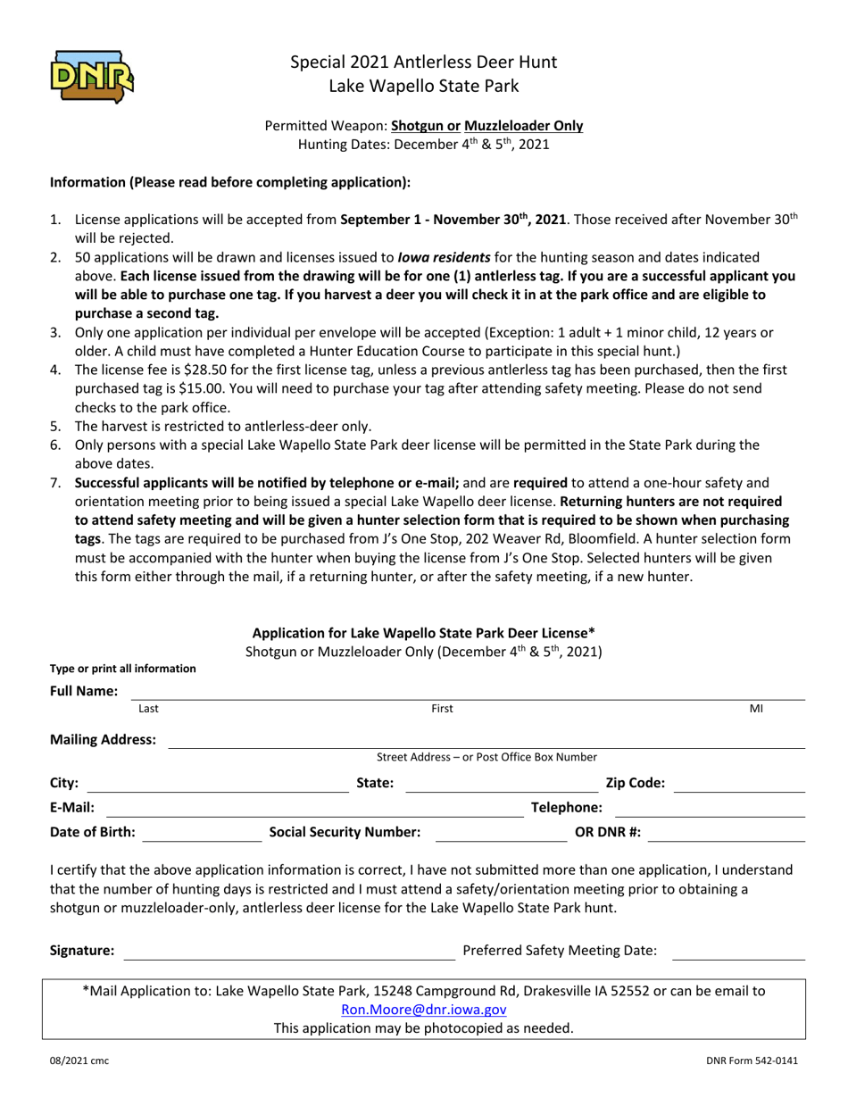 DNR Form 542-0141 Application for Lake Wapello State Park Deer License - Iowa, Page 1