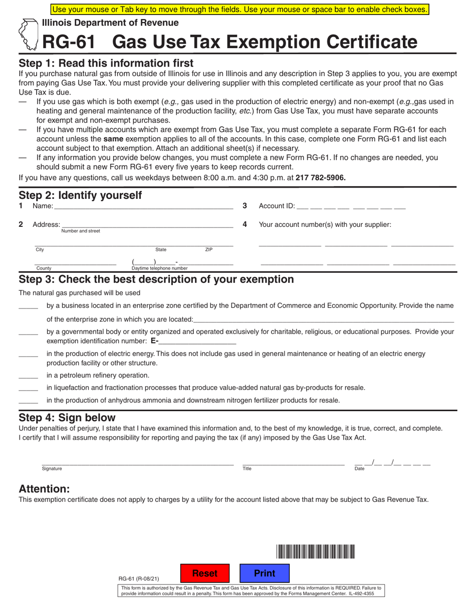 Form RG61 Download Fillable PDF or Fill Online Gas Use Tax Exemption