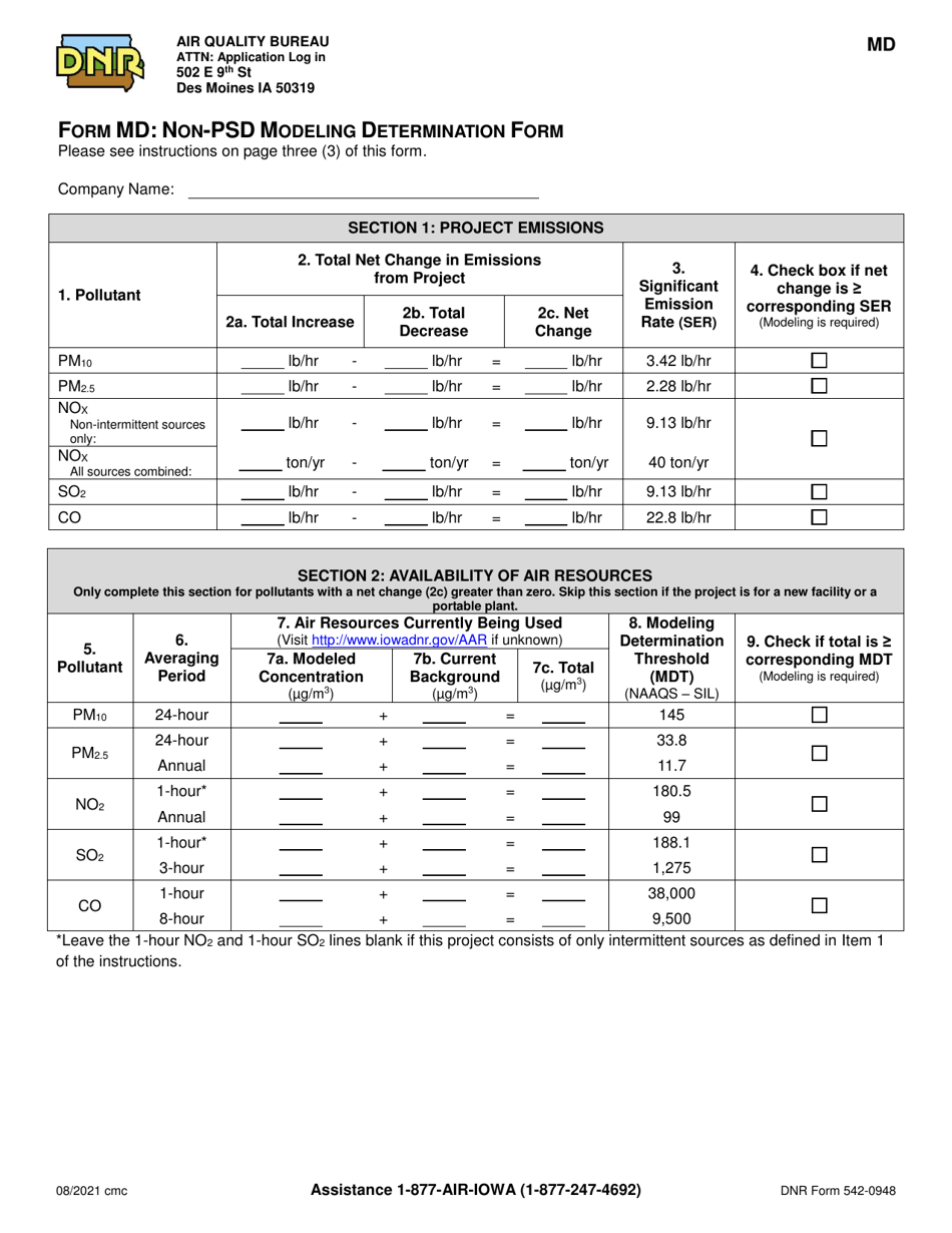 DNR Form 542-0948 (MD) Non-psd Modeling Determination Form - Iowa, Page 1