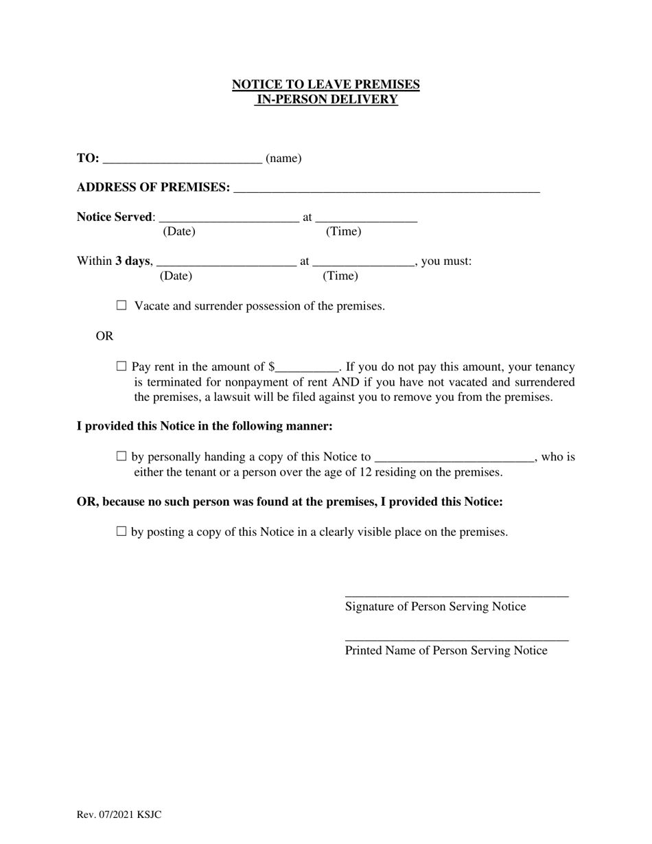 Notice to Leave Premises in-Person Delivery - Kansas, Page 1