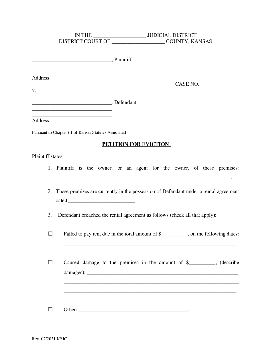 Kansas Petition for Eviction Fill Out, Sign Online and Download PDF