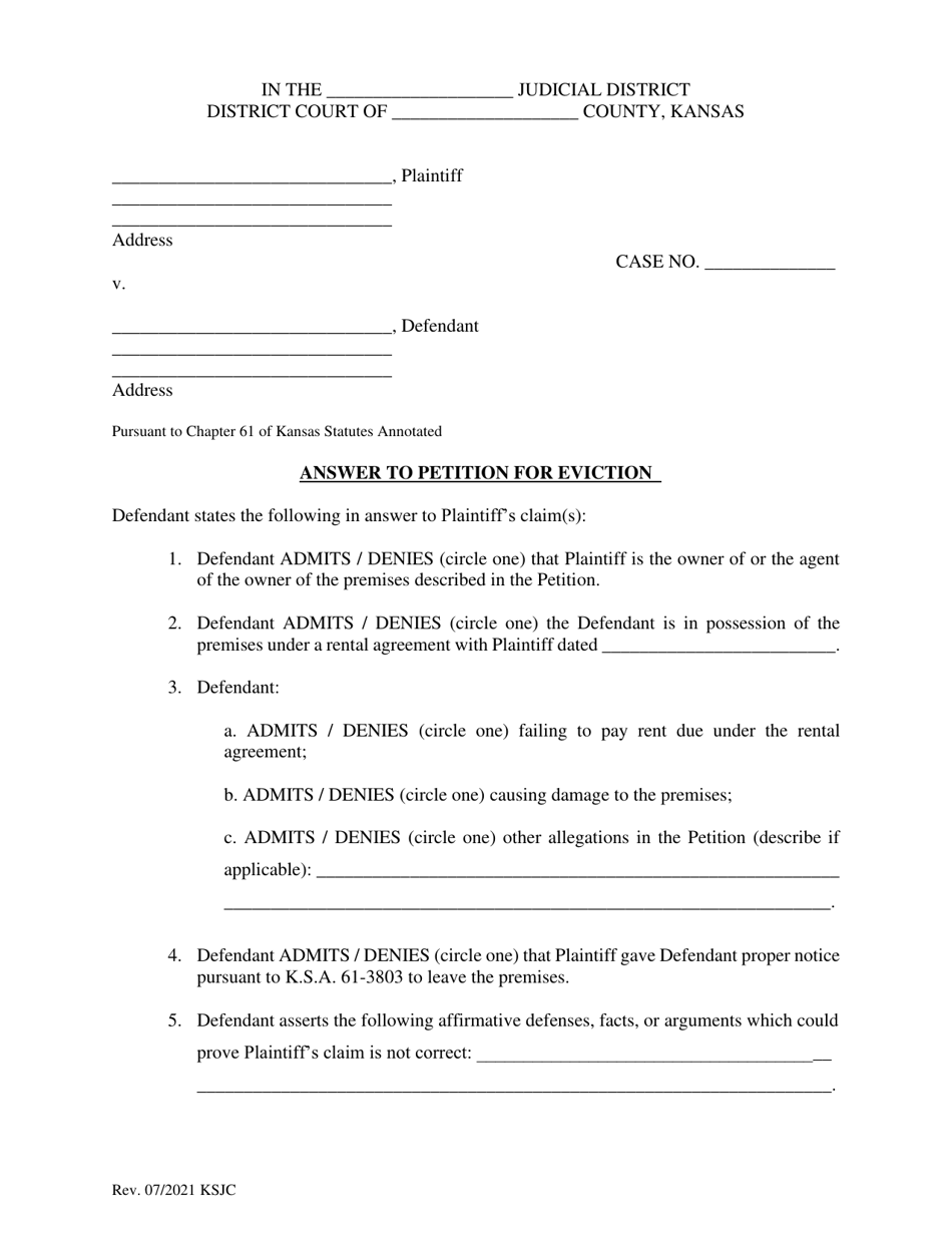Answer to Petition for Eviction - Kansas, Page 1