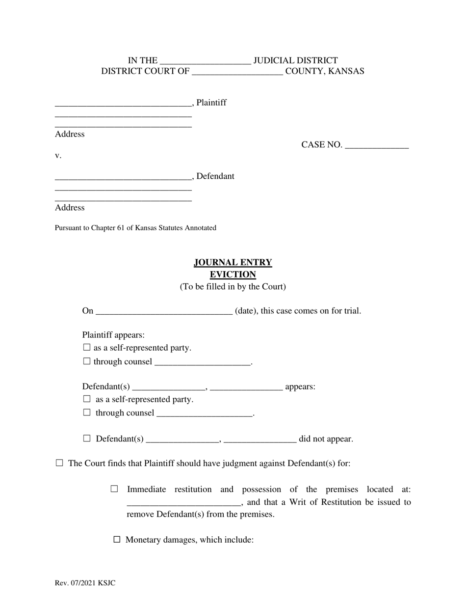 Kansas Journal Entry Eviction - Fill Out, Sign Online and Download PDF ...