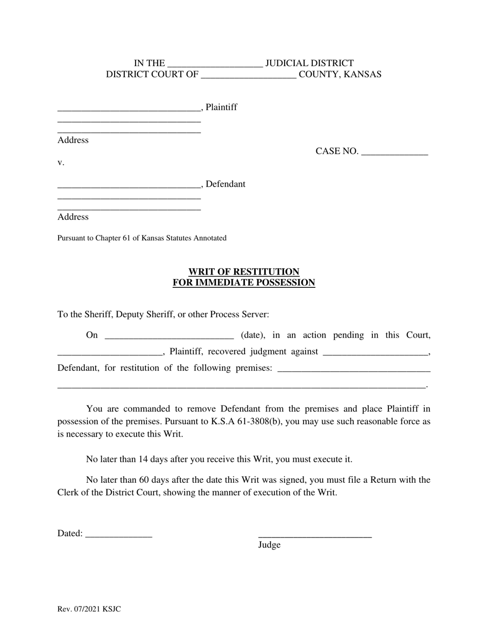 Writ of Restitution for Immediate Possession - Kansas, Page 1