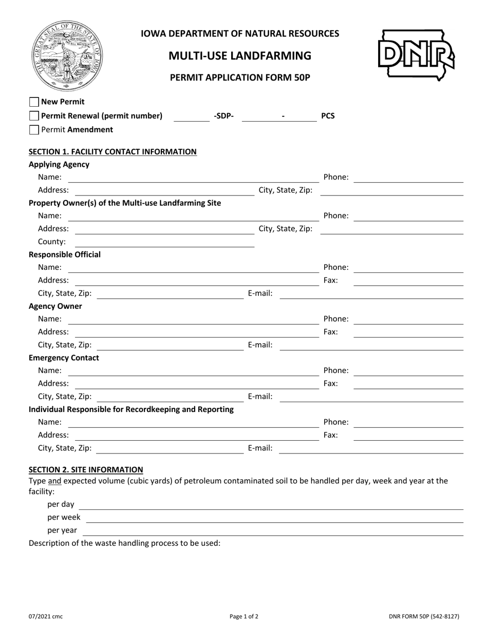 DNR Form 50P (542-8127) Multi-Use Landfarming Permit Application - Iowa, Page 1