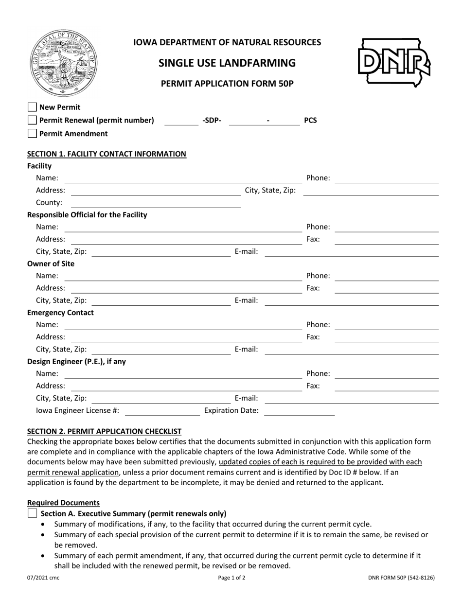 DNR Form 50P (542-8126) Single Use Landfarming Permit Application - Iowa, Page 1