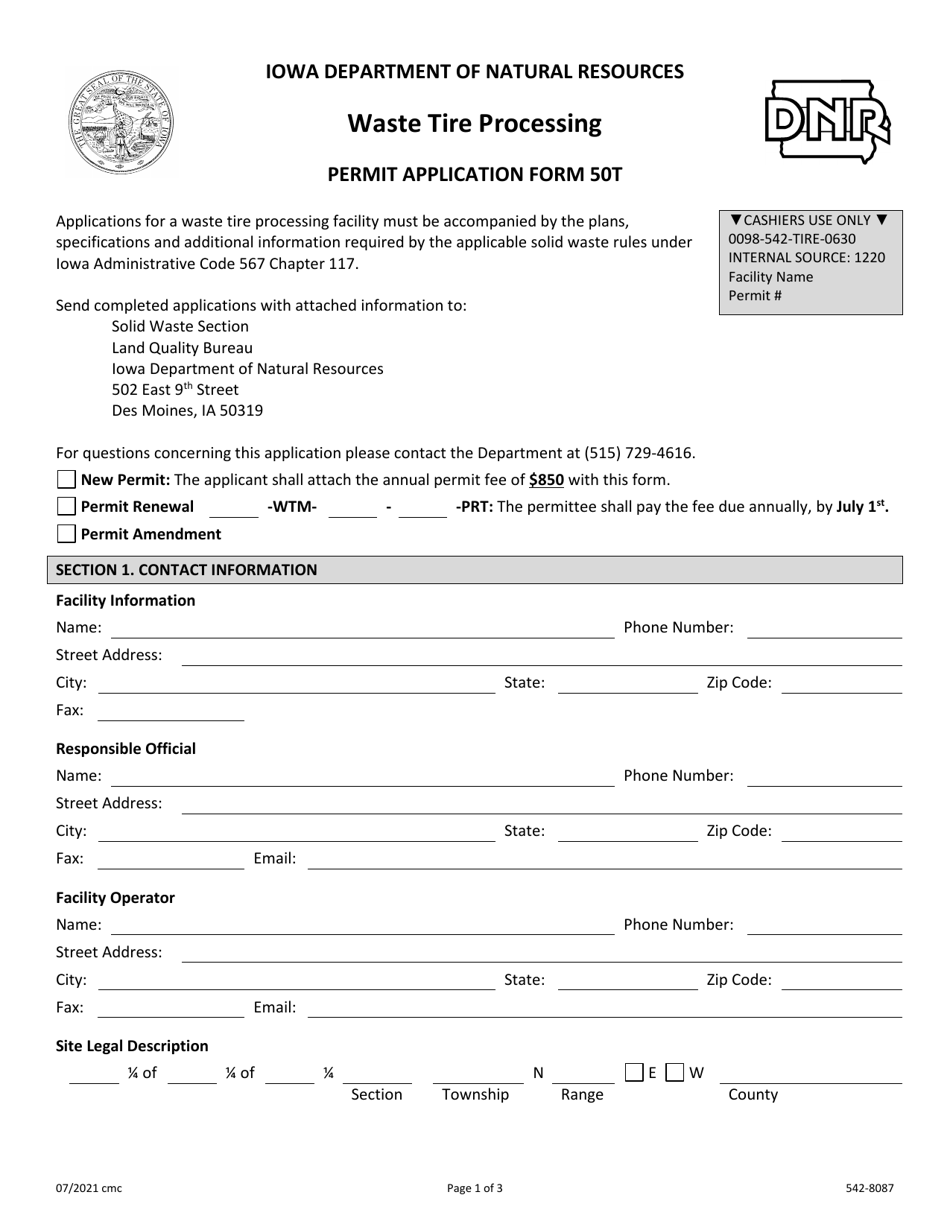 DNR Form 50T (542-8087) Waste Tire Processing Permit Application - Iowa, Page 1