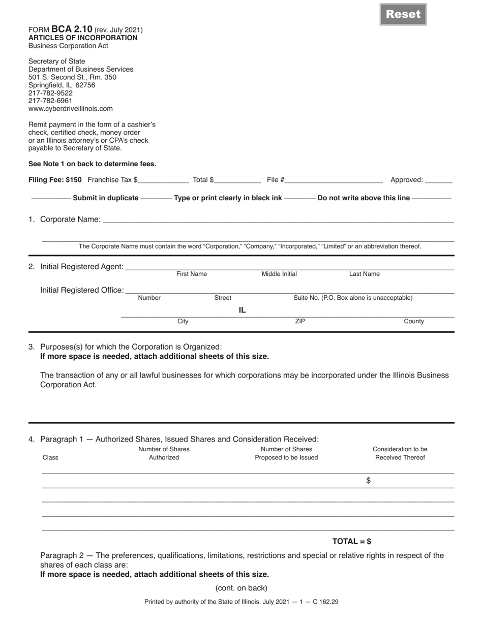 Form BCA2.10 Download Fillable PDF or Fill Online Articles of