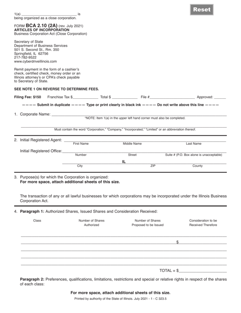 Form BCA2.10 (2A) Articles of Incorporation (Close Corporation) - Illinois