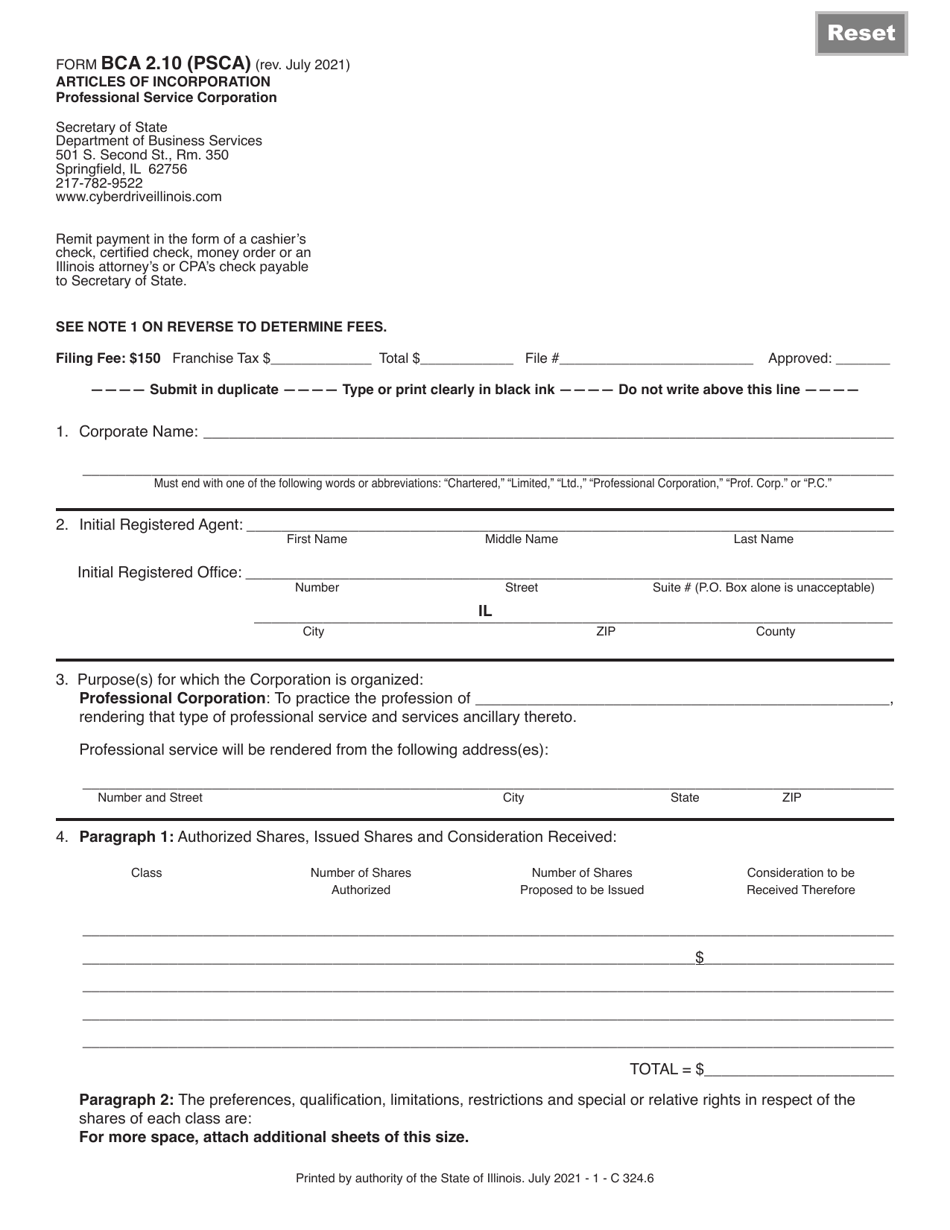 Form BCA2.10 (PSCA) Articles of Incorporation (Professional Service Corporation) - Illinois, Page 1