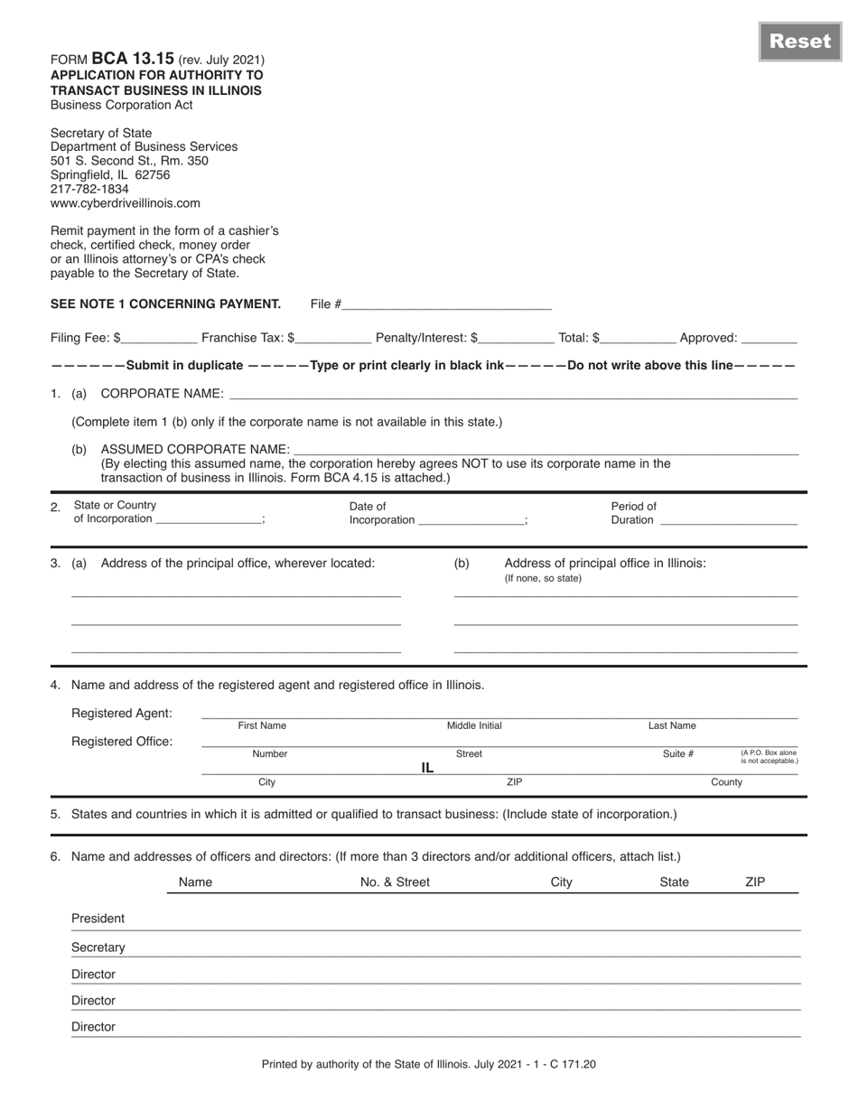 Form BCA13.15 Application for Authority to Transact Business in Illinois - Illinois, Page 1