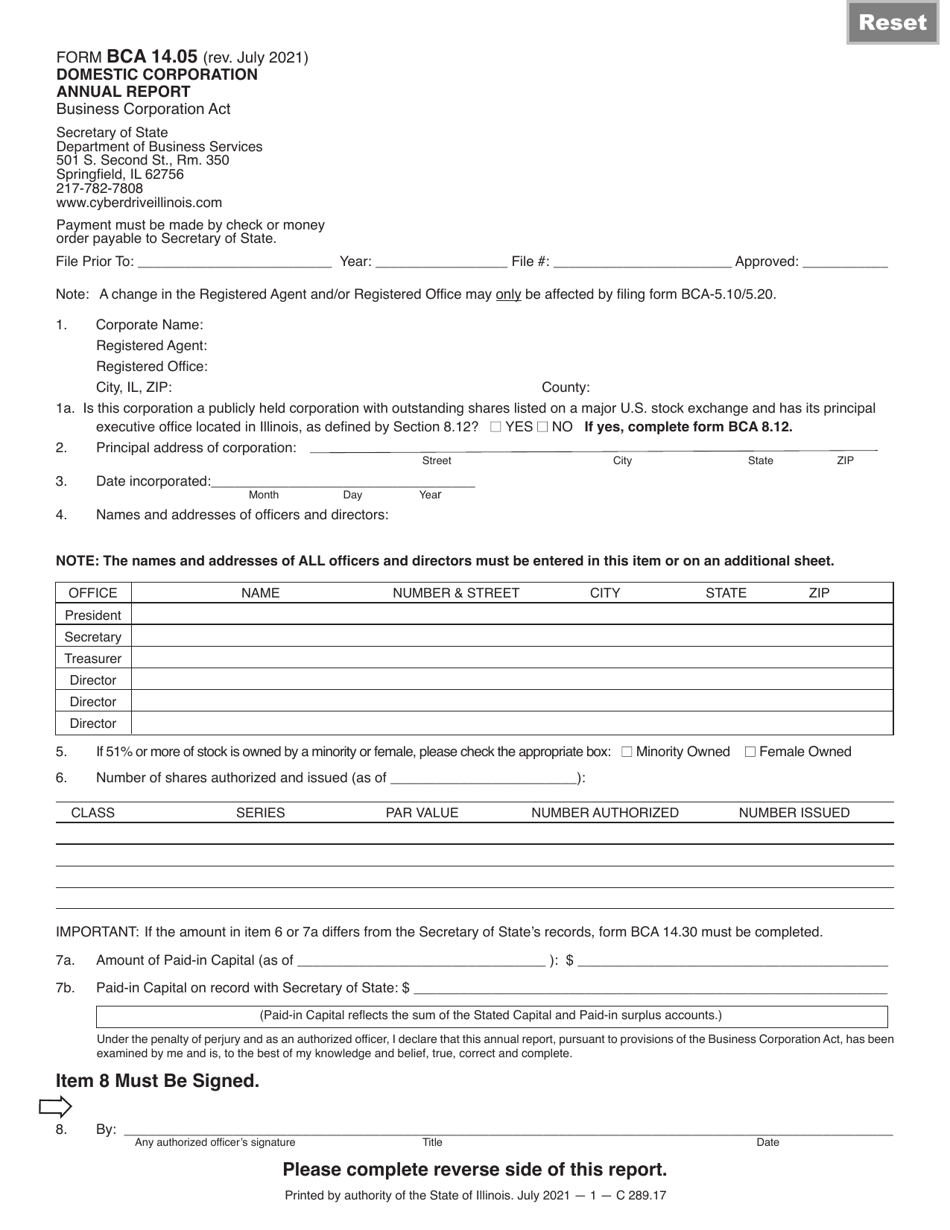 Form BCA14.05 Domestic Corporation Annual Report - Illinois, Page 1