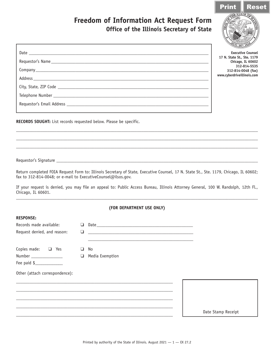 Form EX27 Freedom of Information Act Request Form - Illinois, Page 1