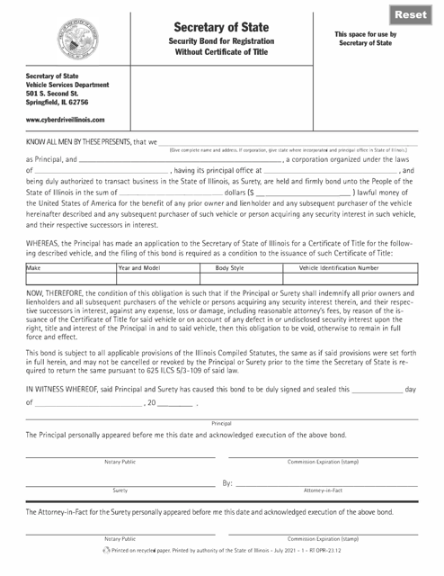 Form RT OPR23 Security Bond for Registration Without Certificate of Title - Illinois