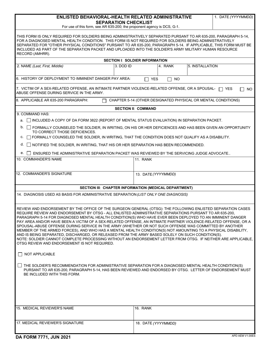 DA Form 7771 Enlisted Behavioral-Health Related Administrative Separation Checklist, Page 1
