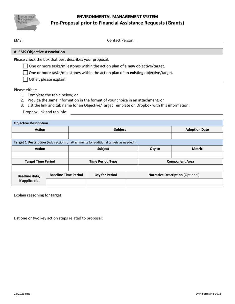 DNR Form 542-0918 Pre-proposal Prior to Financial Assistance Requests (Grants) - Iowa, Page 1