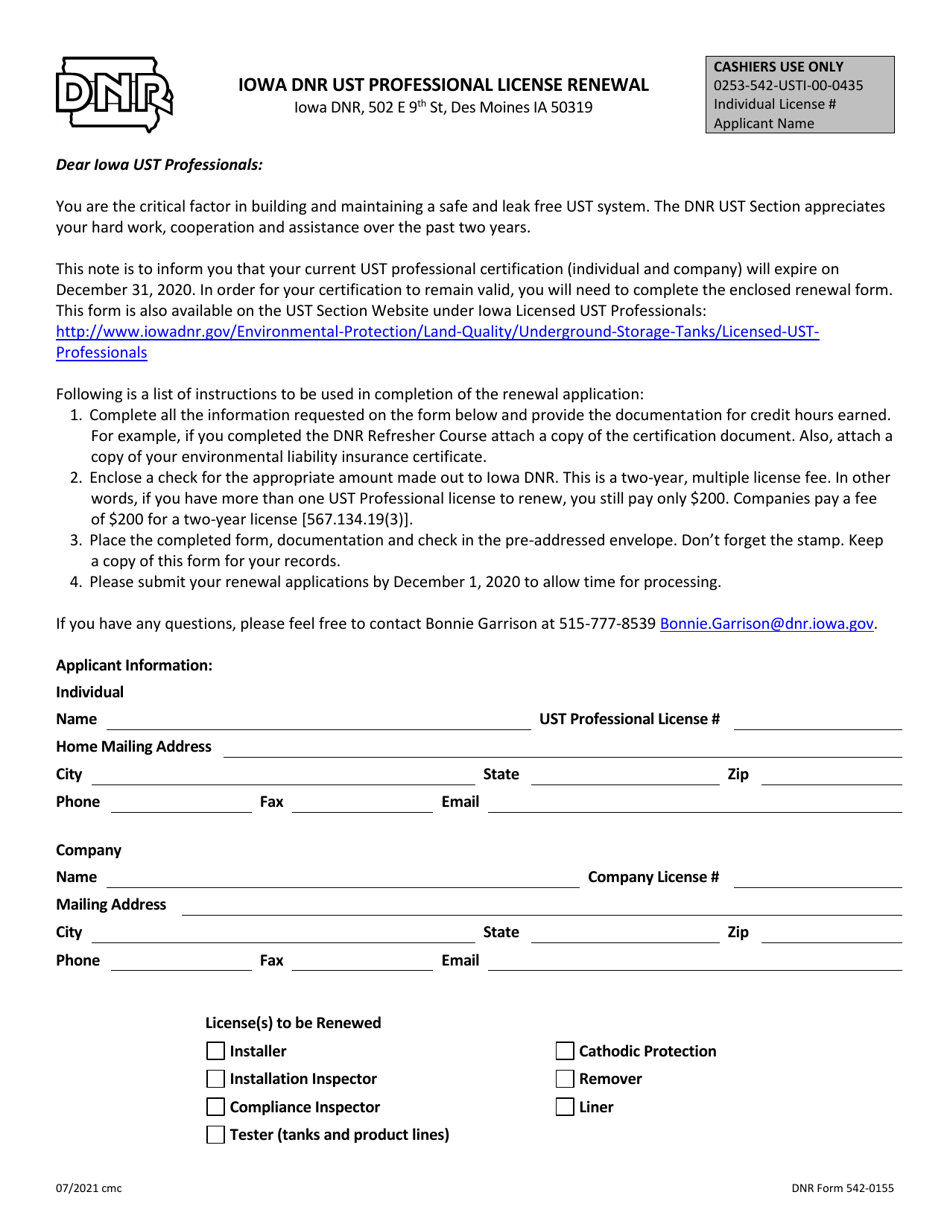 DNR Form 542-0155 Iowa DNR Ust Professional License Renewal - Iowa, Page 1