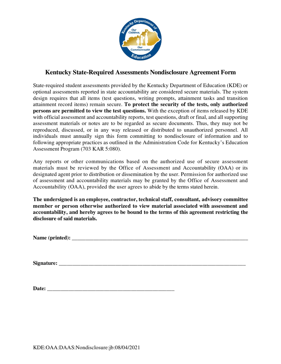 Kentucky State-Required Assessments Nondisclosure Agreement Form - Kentucky, Page 1