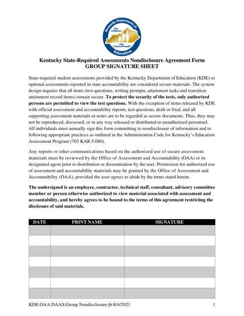 Kentucky State-Required Assessments Nondisclosure Agreement Form Group Signature Sheet - Kentucky Download Pdf