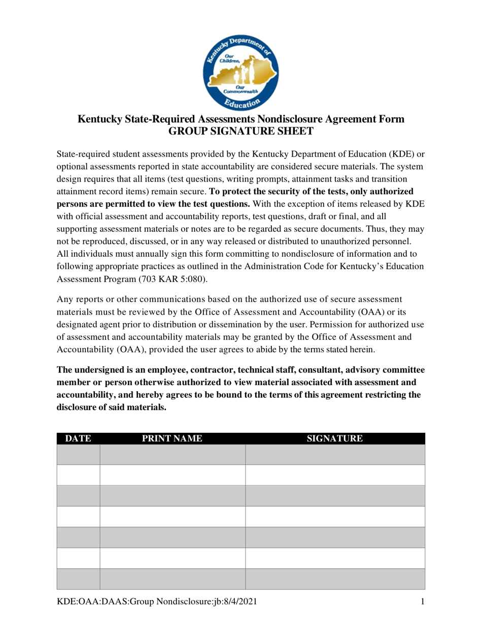 Kentucky State-Required Assessments Nondisclosure Agreement Form Group Signature Sheet - Kentucky, Page 1