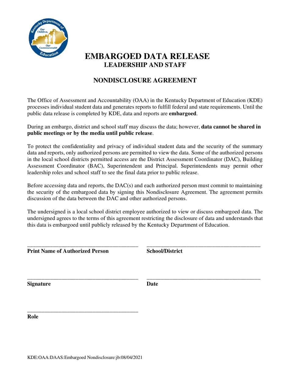Embargoed Data Release Leadership and Staff Nondisclosure Agreement - Kentucky, Page 1