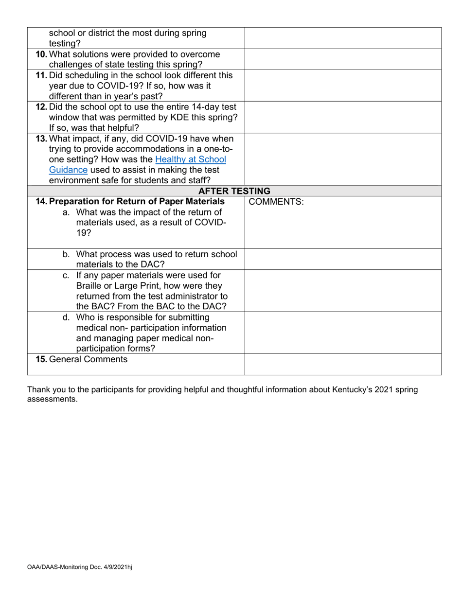 Kentucky (Virtual) Site Visit Survey Questions - Kentucky, Page 3