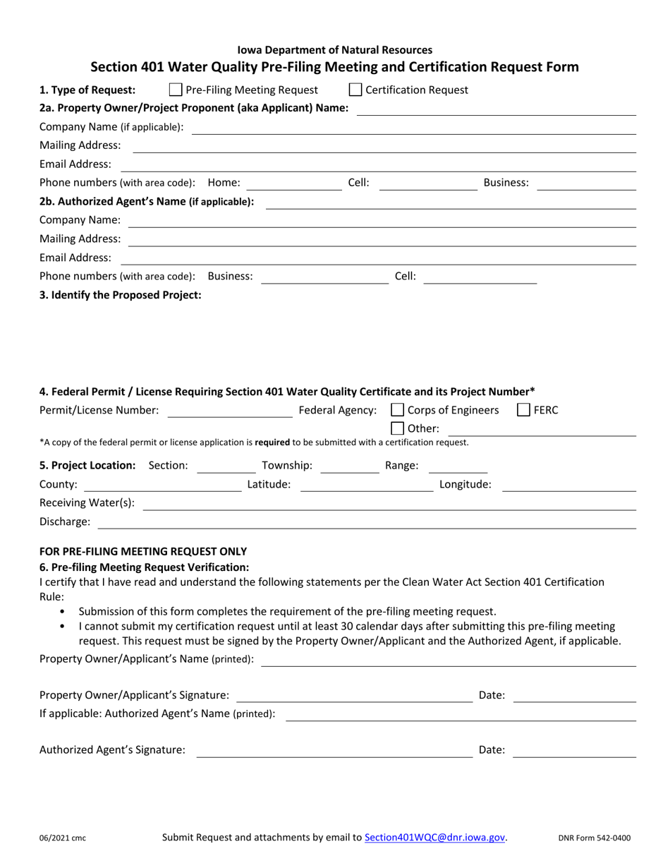 DNR Form 542-0400 Section 401 Water Quality Pre-filing Meeting and Certification Request Form - Iowa, Page 1