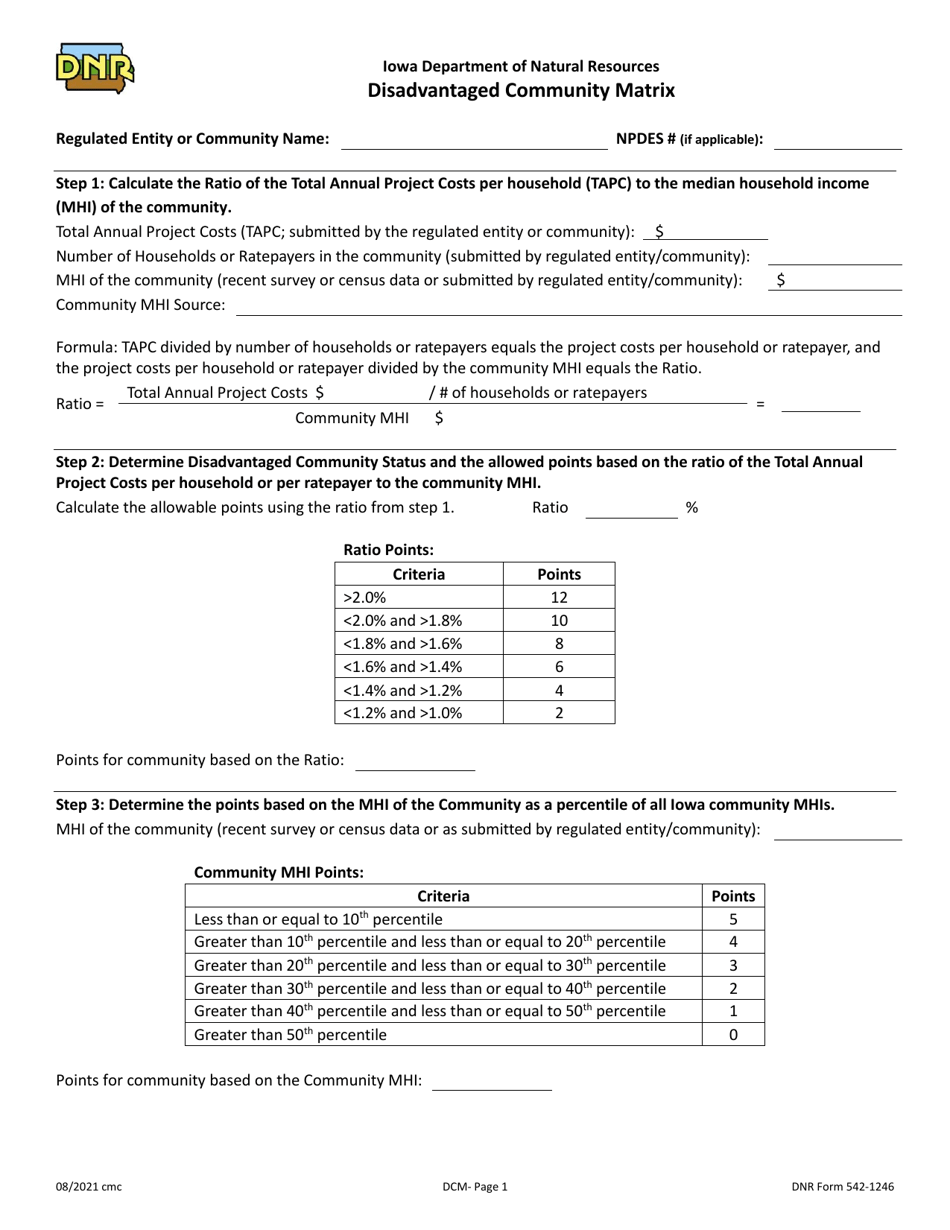DNR Form 542-1246 Disadvantaged Community Matrix - Iowa, Page 1