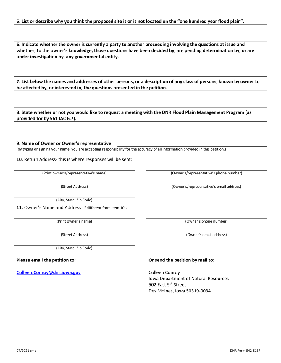 DNR Form 542-8157 Petition for a Flood Plain Determination or Flood Plain Declaratory Order for Confinement Feeding Operations as Required by 567 Iowa Administrative Code (Iac) 65.8(3) d and e and 65.9(4) b - Iowa, Page 2