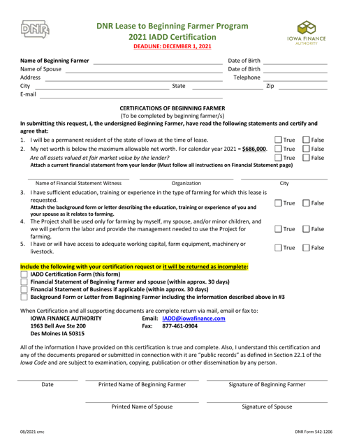 DNR Form 542-1206 Iadd Certification - DNR Lease to Beginning Farmer Program - Iowa, 2021