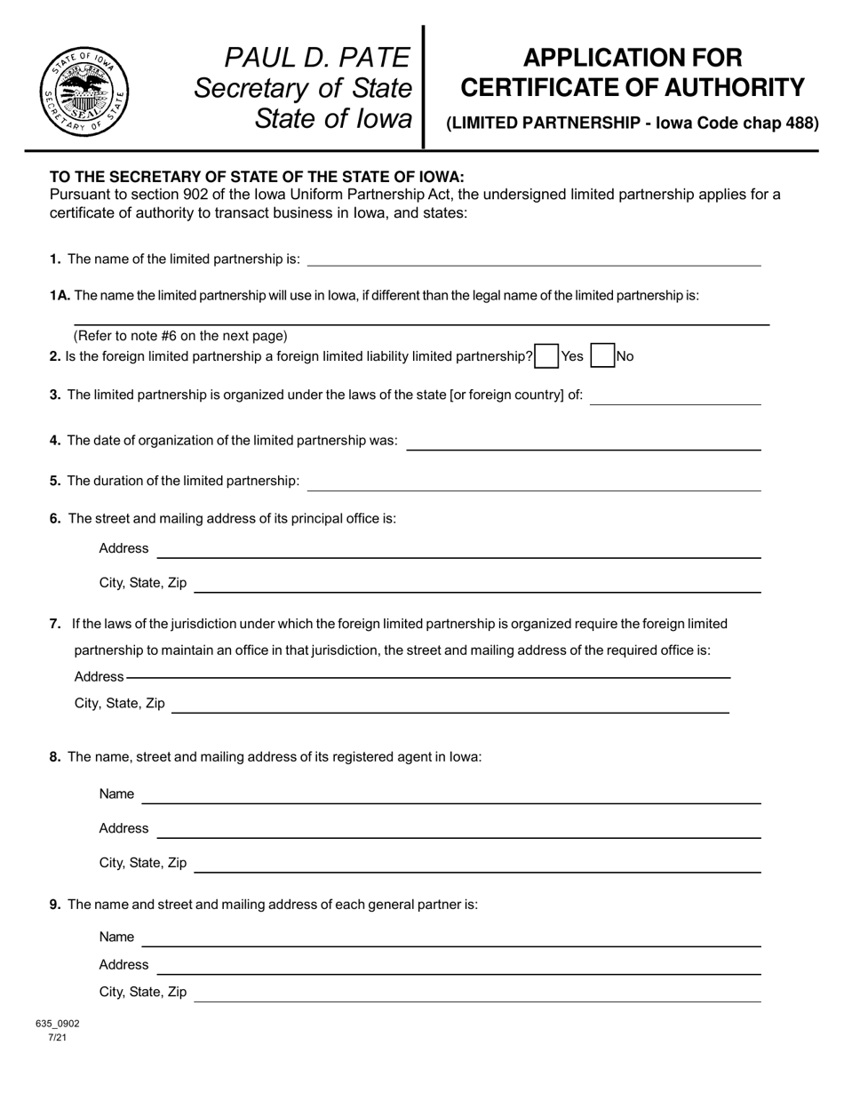 Form 635_0902 Application for Certificate of Authority (Limited Partnership - Iowa Code Chap 488) - Iowa, Page 1