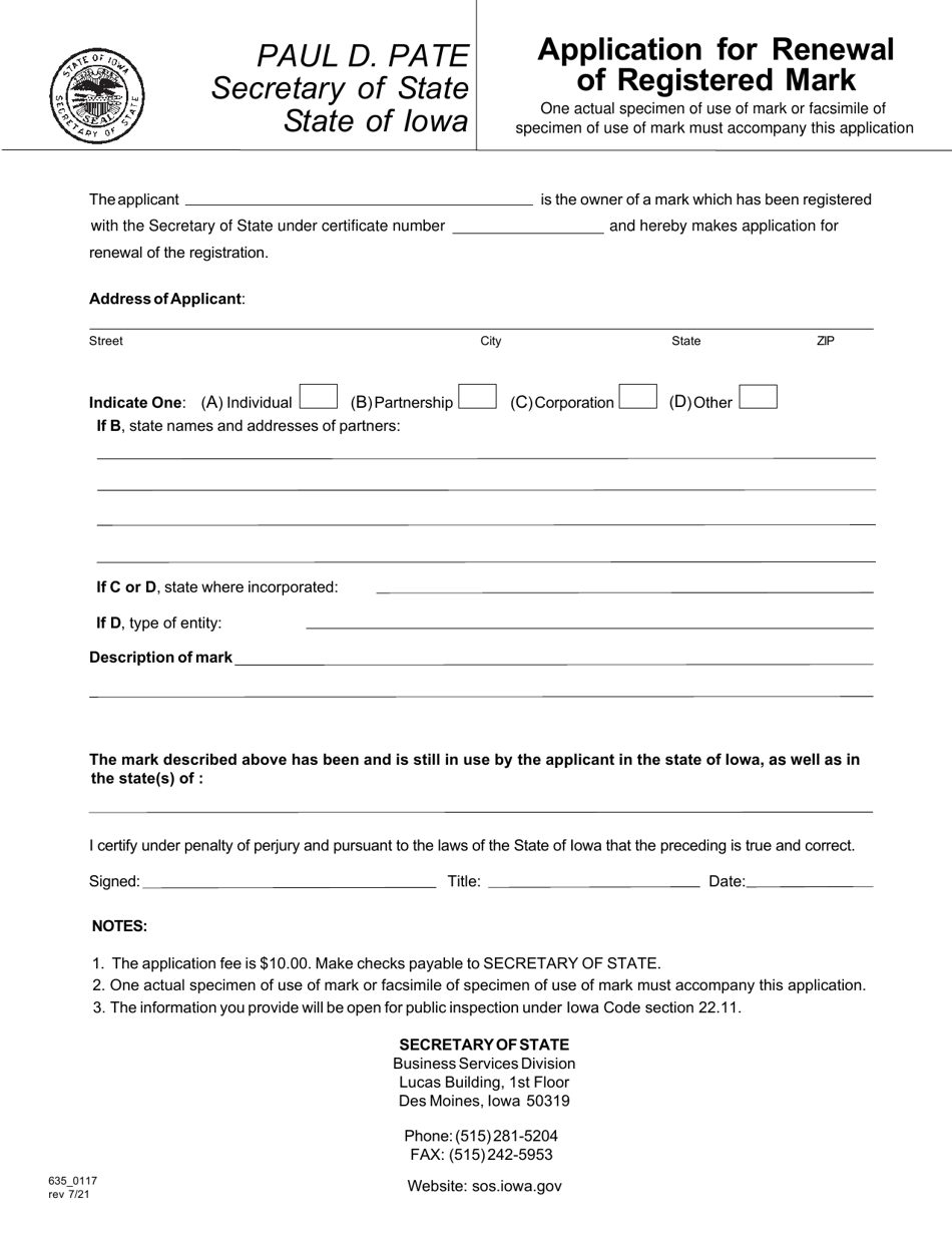 Form 635_0117 Application for Renewal of Registered Mark - Iowa, Page 1