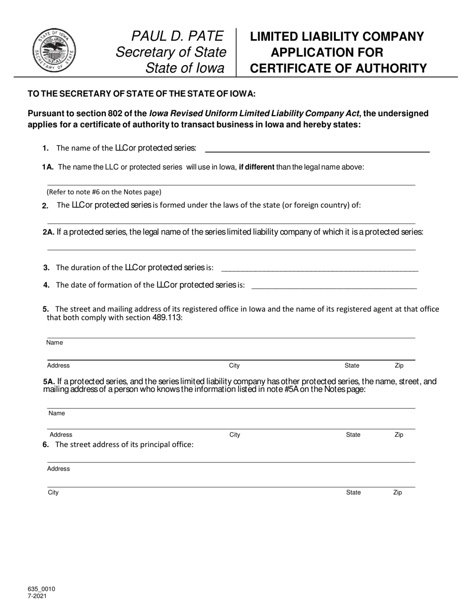 Form 635_0010 Limited Liability Company Application for Certificate of Authority - Iowa, Page 1