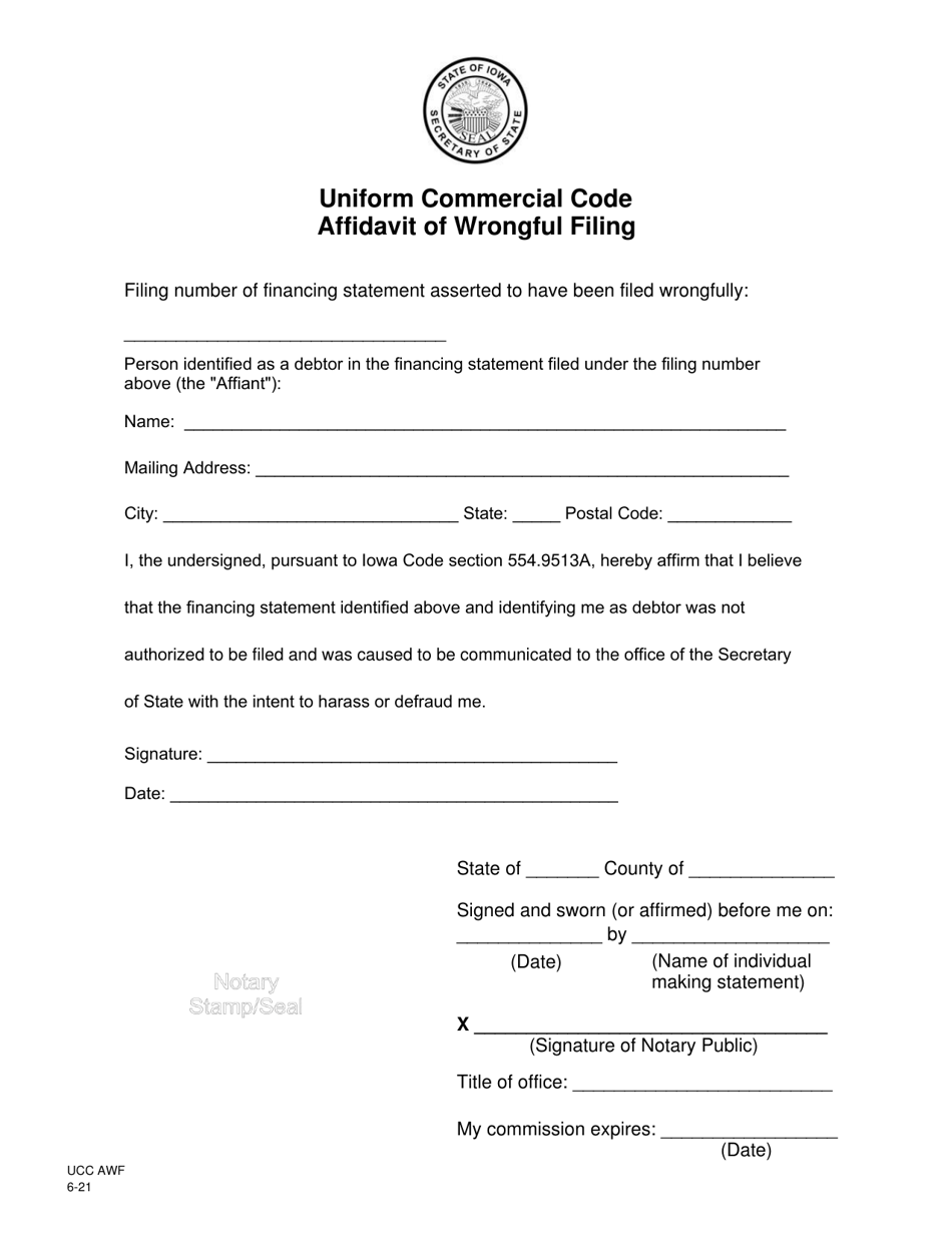 Form UCC AWF Uniform Commercial Code Affidavit of Wrongful Filing - Iowa, Page 1