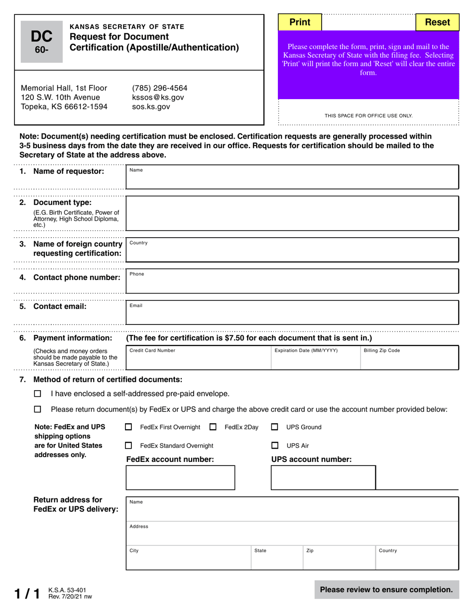 Form DC-60 Request for Document Certification (Apostille / Authentication) - Kansas, Page 1