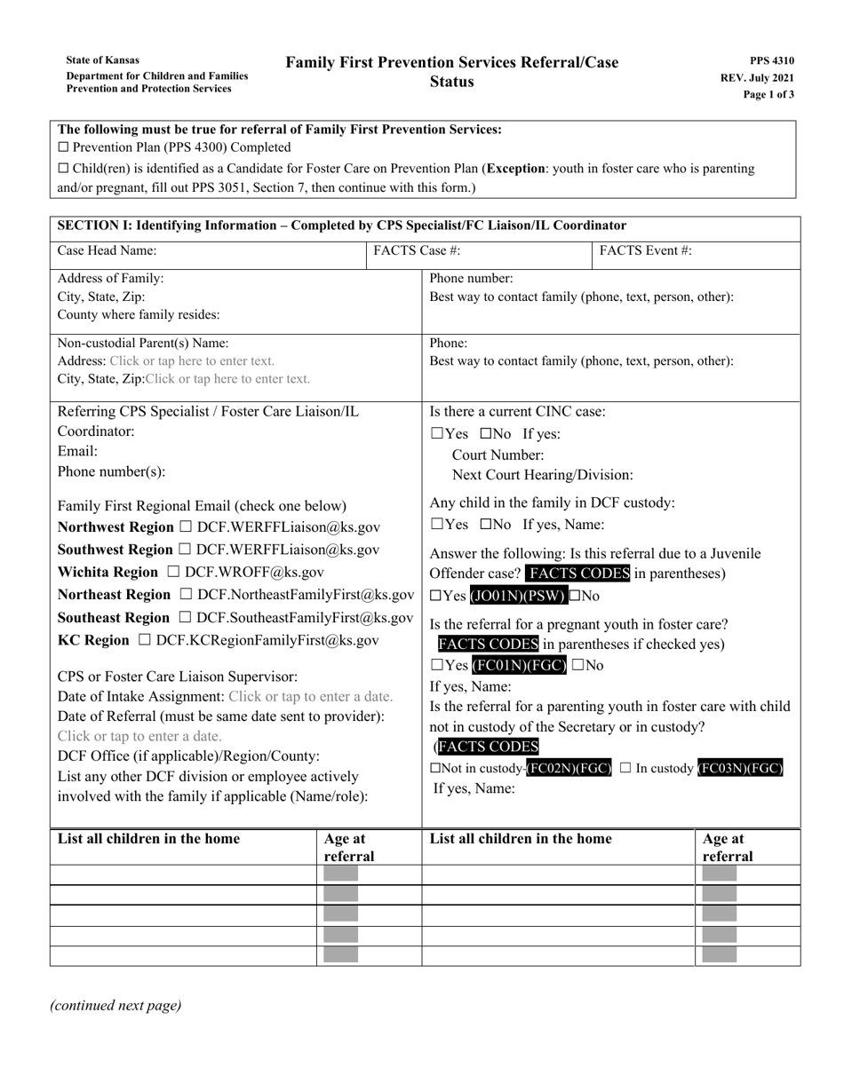 Form PPS4310 Family First Prevention Services Referral / Case Status - Kansas, Page 1