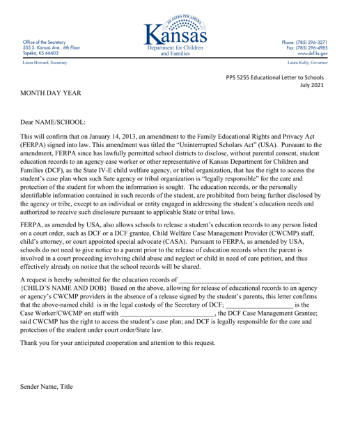 Form PPS5255 Educational Letter to Schools - Kansas