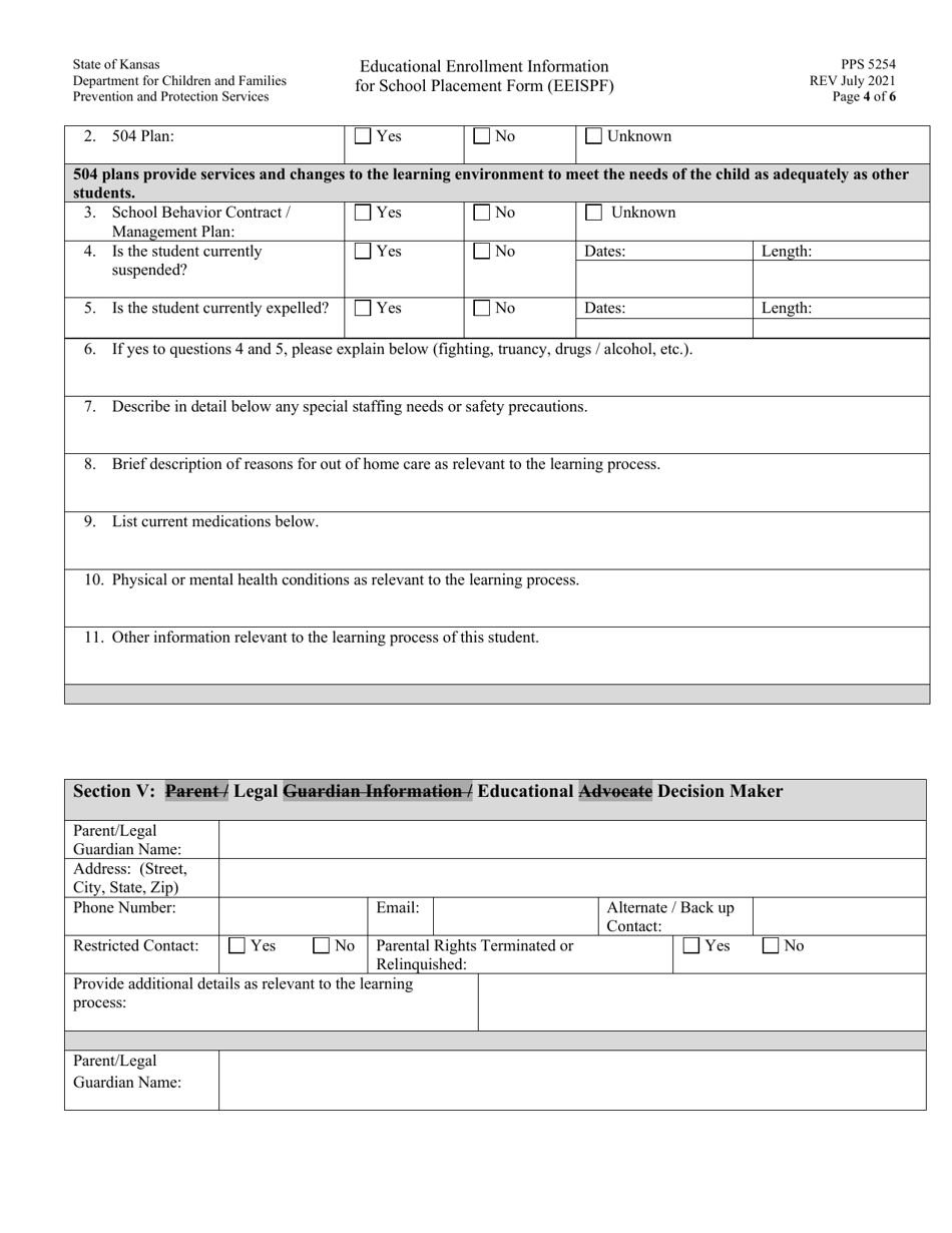 Form PPS5254 Educational Enrollment Information for School Placement Form (Eeispf) - Kansas, Page 4