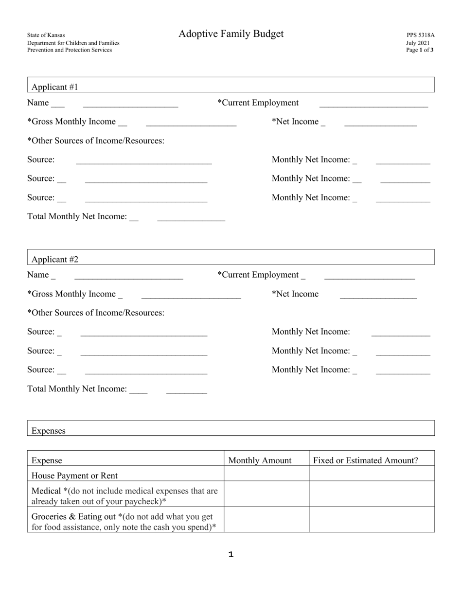 Form PPS5318A Adoptive Family Budget - Kansas, Page 1