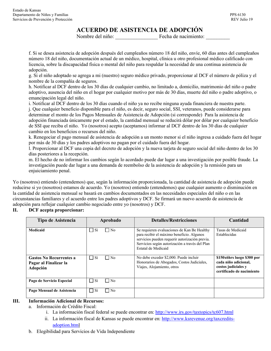 Formulario PPS6130 Acuerdo De Asistencia De Adopcion - Kansas (Spanish), Page 2